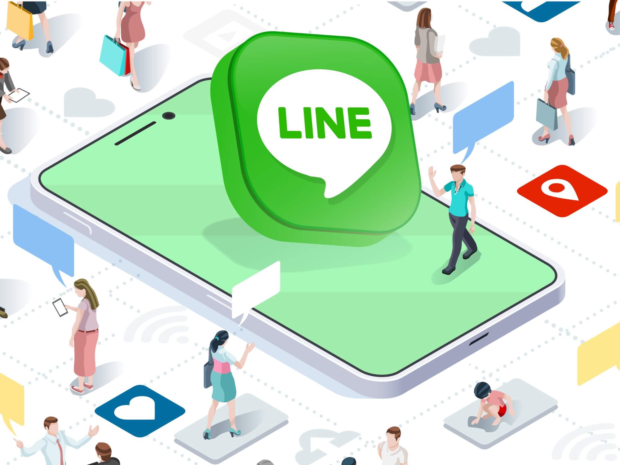 LINE icon being displayed on phone illustration with people around it